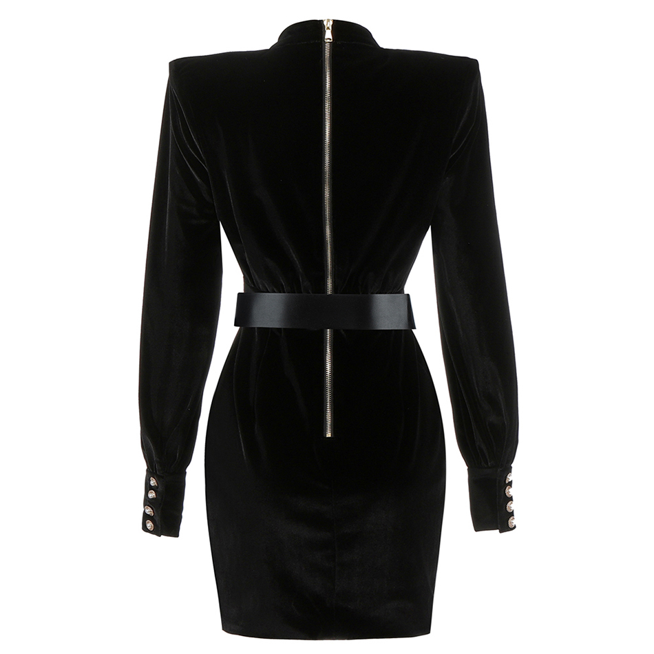 Free Chic Women's Velvet Dress Sexy Stand Collar Long Sleeve Belt Bodycon Hollow Mini Club Party es 210524