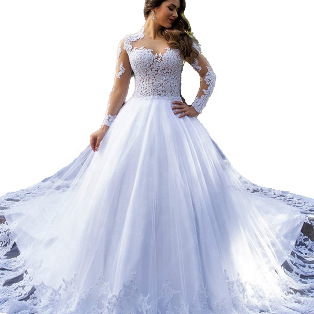 Vintage Chapel Train A Line Wedding Dresses Bridal Gowns Bright White Long Sleeves Lace Appliqued Luxury Beads Formal Bride Dress Tulle Robe De Marria