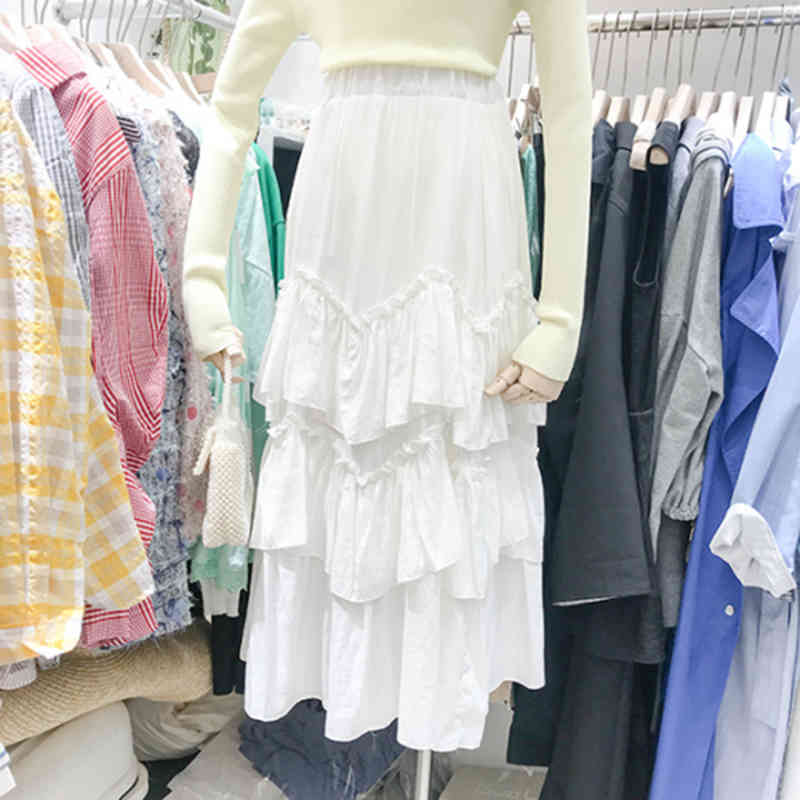 Summer Korea Fashion Women High Waist Long Skirt Ruffles Patchwork A-line Skirts all-matched Casual Multi-layer cake skirt S502 210512