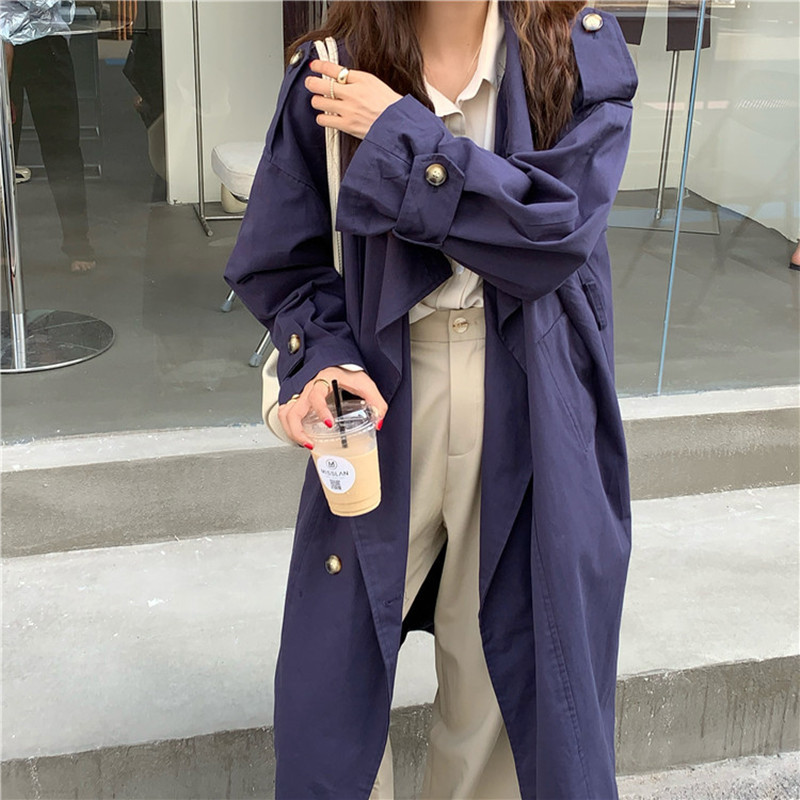 Minimalist Double-breasted Long Trench Coat Elegant OL Overcoat Autumn Solid Work Sleeve Lapel Windbreaker 210421