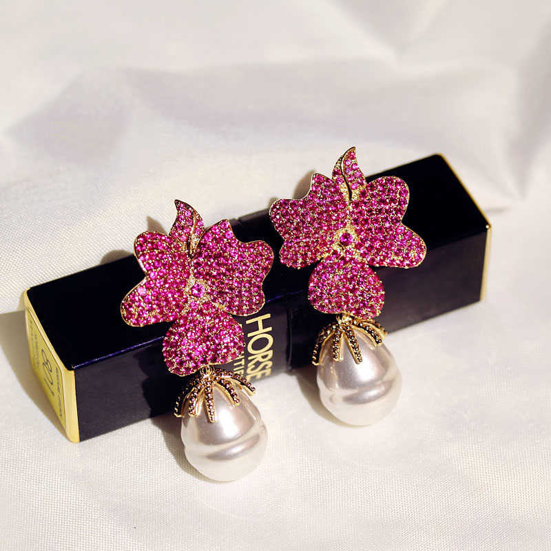 Fashion Rose red Big Flower Full stone Setting Irregular Pearl Drop Earring Party Jewelry Gift Wedding bride Accessories 210624
