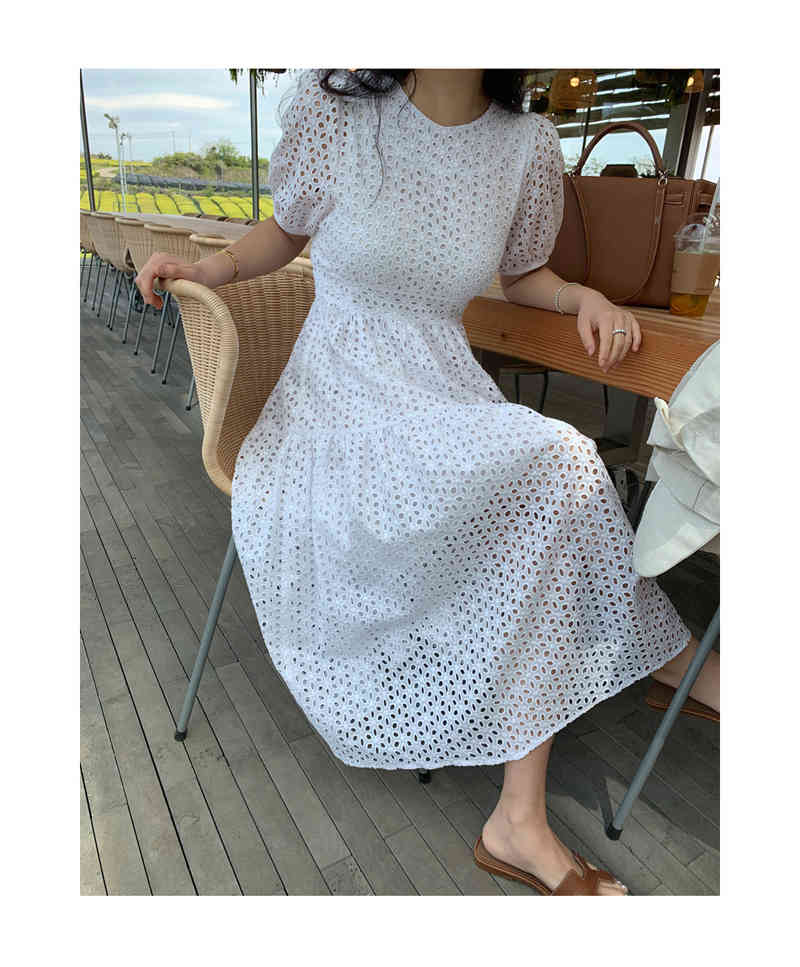 Women Summer Dress Fashion Elegant Short Sleeve White Hollow out O-Neck Casual Beach Midi Dresses Robe Vestidos 210519