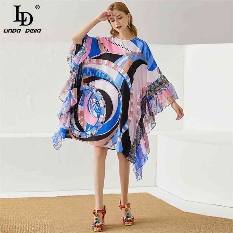 Bohemian Summer Print Long Dress Women Ruffles O-neck Batwing Sleeve Sequined Loose Plus Size Midi Vestidos 210522