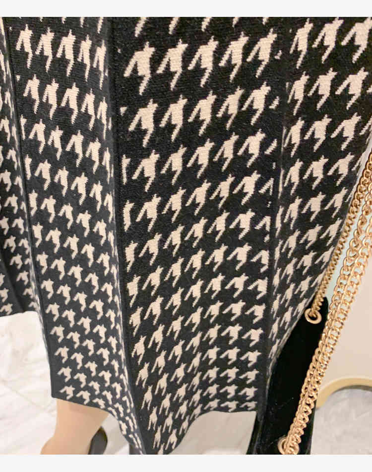 Women Autumn And Winter Vintage Elegant Houndstooth Print Knitted Patchwork Dresses Long Sleeve Belt Vestidos 210520