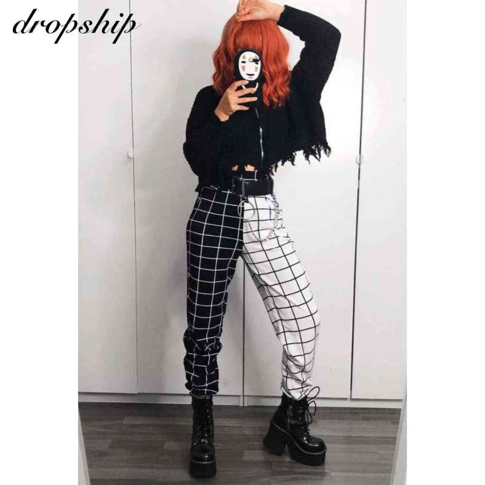 Spring Women's Elastic High Waist Black And White Checker Contrast Color Cargo Pants Women Streetwear Long Plaid 211115