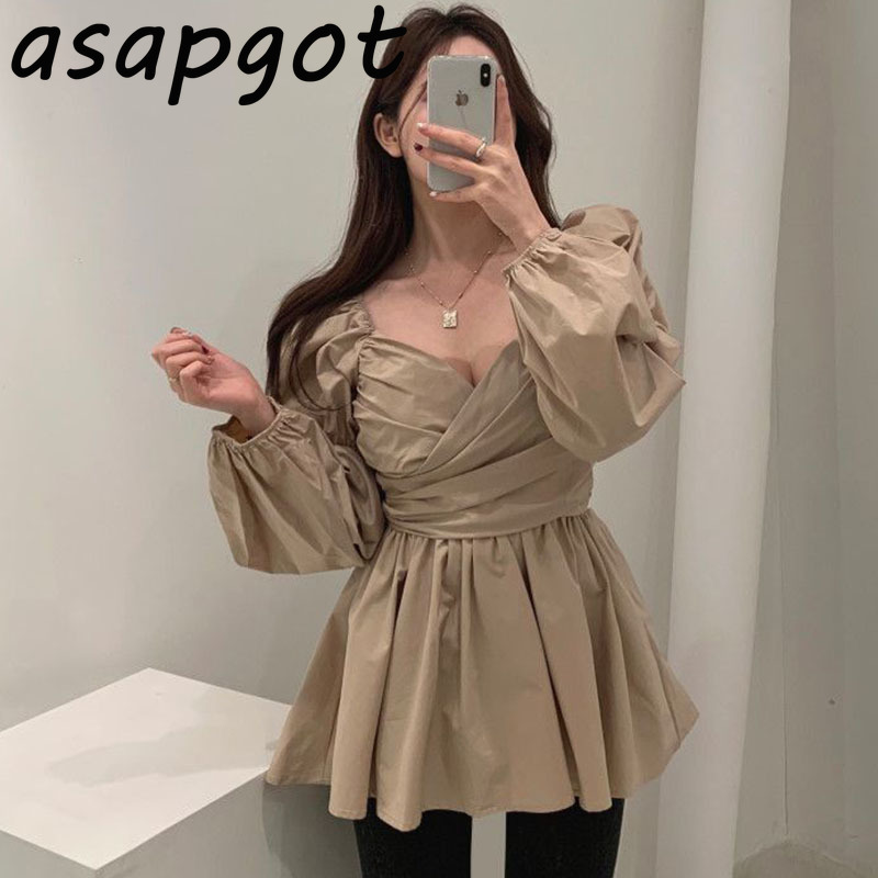 Dresses Chic Korean Spring Deep V Neck Cross Slim Puff Long Sleeve White Pleated Dress Women Mini Vestido De Mujer Retro 210429