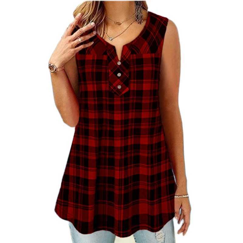Fashion Plaid Print T-shirts Plus Size Women Casual Summer Sexy V Neck Button Sleeveless Loose Tees Vintage Female Pullover Tops 210526