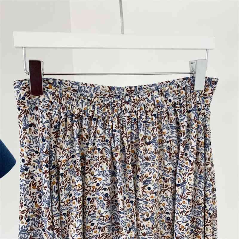 Summer Korean Fashion 2 Piece Skirt Sets Outfits Women Blue Tops + Printed Elastic Waist A-line Vintage Matching 210514