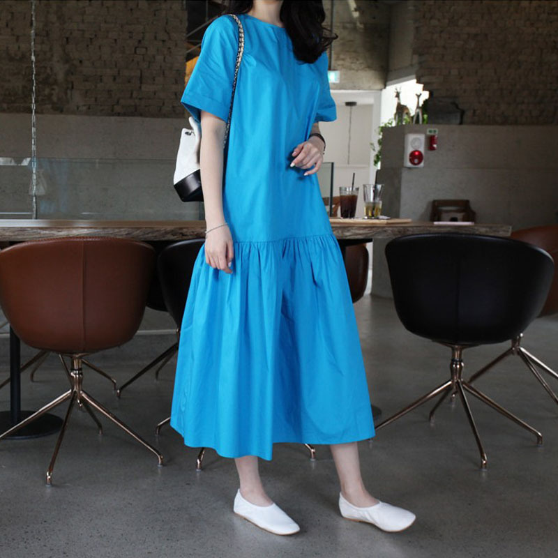 Summer Short Sleeve Blue Dress Women's Korean Version Loose Large Size Medium Length Ruffle Dresses 2D1666 210526