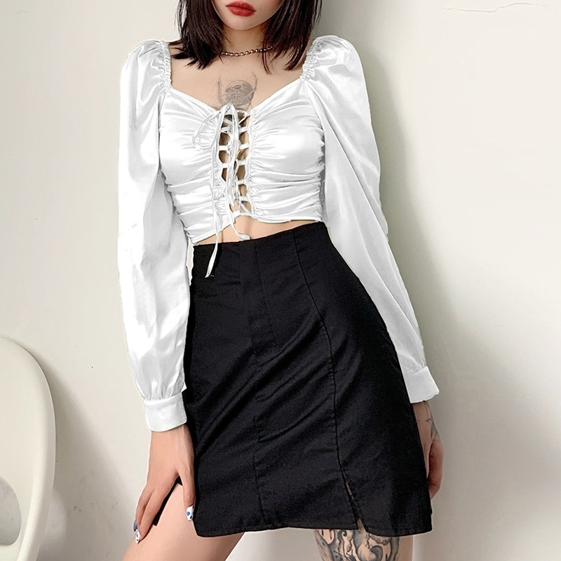 European and American style ins spring women's wear sexy low cut strap hollow out navel slim long sleeve T-shirt 210602