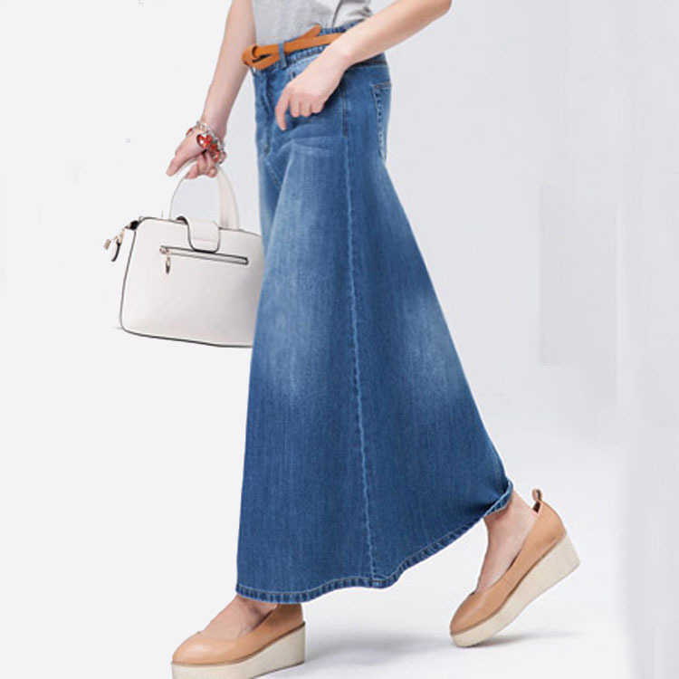 Korea style Long Casual Denim Skirt Summer autumn Women A-line Plus Size Maxi Skirts Woman High waist Jeans no belt 210604