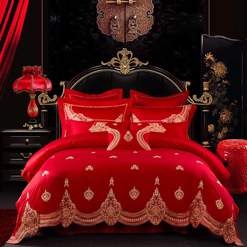 Cotton Luxury Red Wedding Gifts King Size Bedding Set Queen Bed Sheet Embroidery Duvet Cover Sets