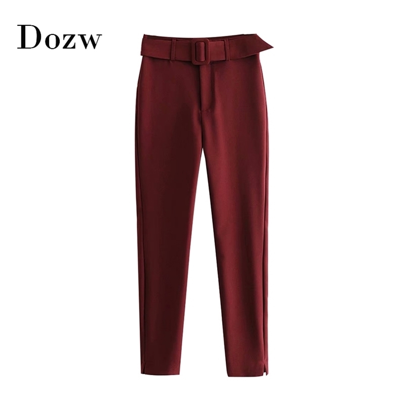 Women Solid Fashion Pencil Pants With Belt Pleated Pockets Casual Trousers Split Wine Red Long Length Bottoms Female Ropa Mujer 210515