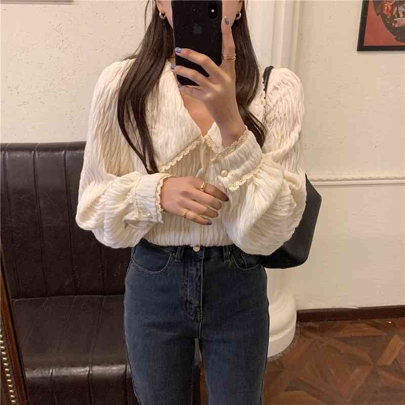 Comelsexy Women Chic Blouse Folds Solid Femme Gentle Shirts Office Lady High Waist Streetwear Long Sleeves Tops 210515