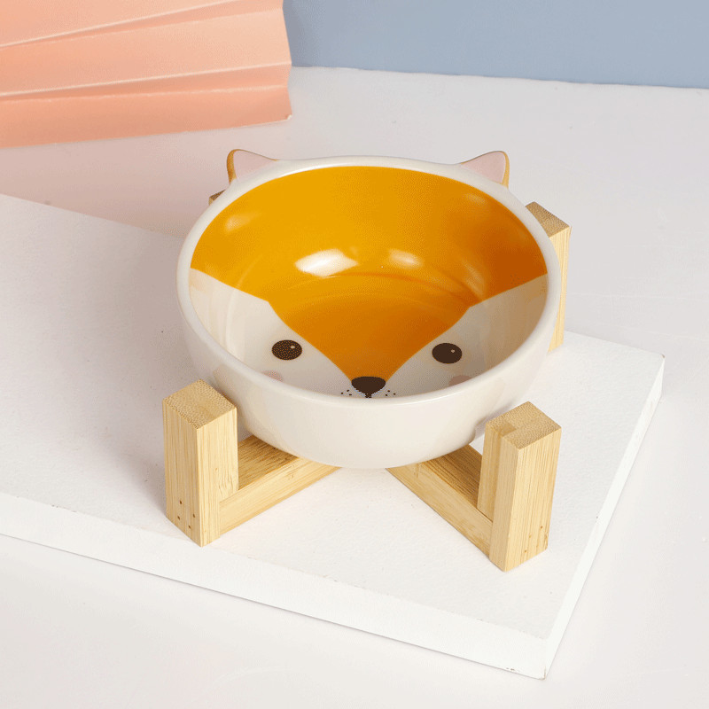 Cute Animal Pets Bowl Dog Cat Food Water Feeder Puppy Ceramic Drinking Dish Bowl with Wooden Rack Pet Cat Accessory