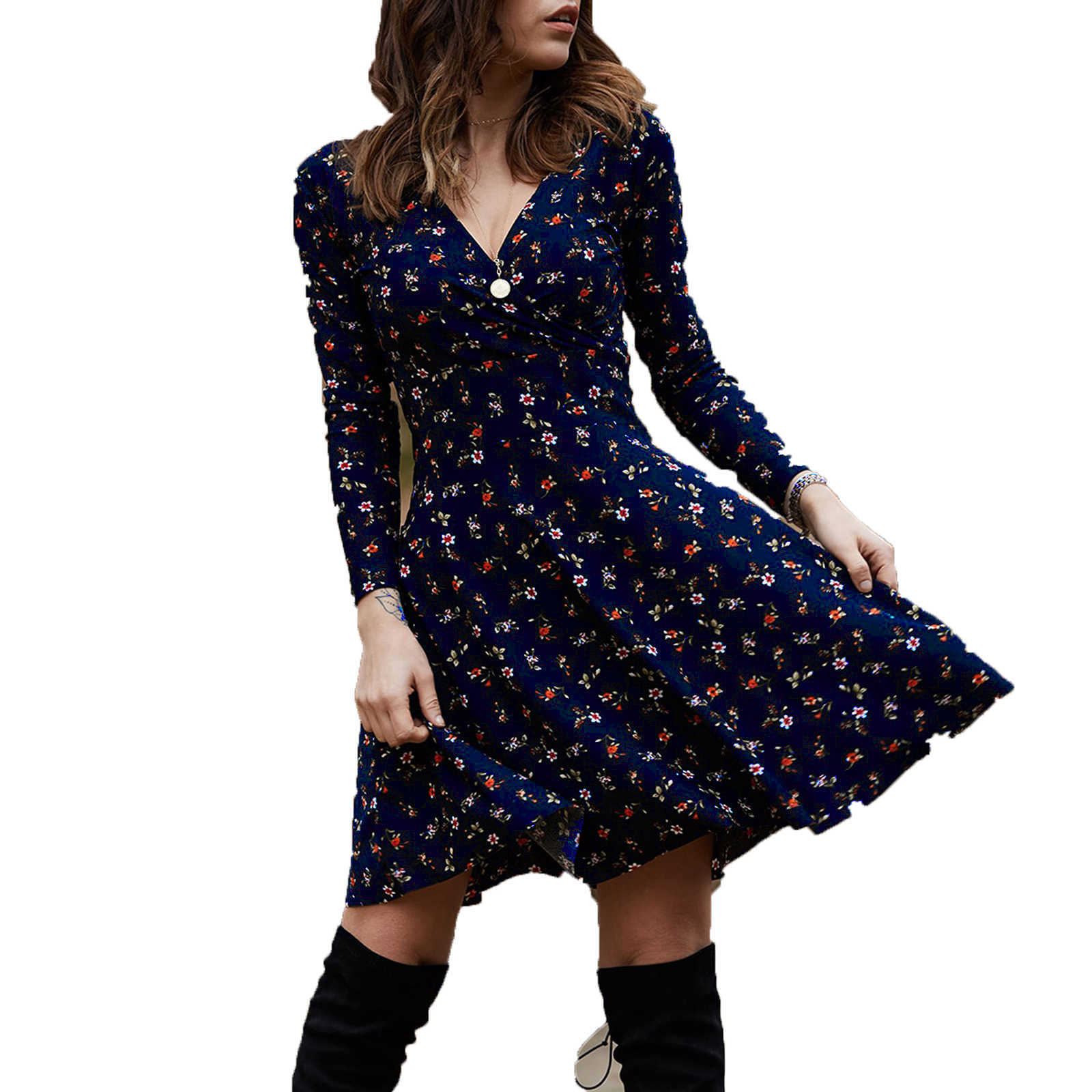 Spring Summer Long Sleeve V Neck Flowers Print Boho Dress Women Elegant Vintage Floral Printed Casual Green A-line Swing Dress 210630