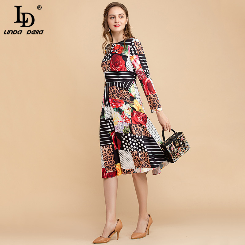 Summer O-Neck Fashion Leopard Polka Dot Floral print Women Vintage Midi Dress Runway A Line Party Vestidos 210522