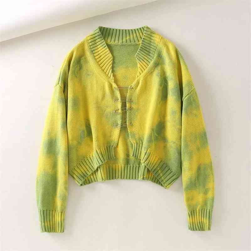 Korea Style Vintage Yellow Tie dye Big pin Cardigan Sweater Sexy V neck Long Sleeve Loose Short Jumper Coll girl Streetwear 210429