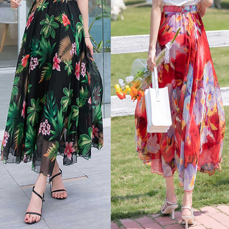 Women Elastic Waist Chiffon Elegant Printed Long Skirt Female Bohemia Beach Holiday silk-like With Big Hem 210619