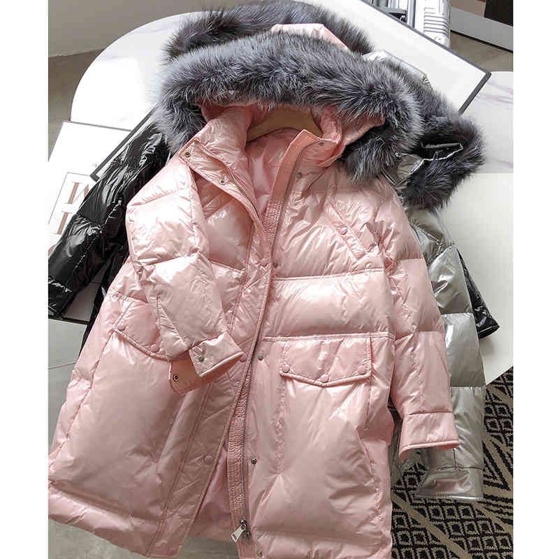Winter Women 90% White Duck Down Jacket Detachable Large Real Fur Collar Overcoat Glossy Cool Loose Warm Thick Coat 210430