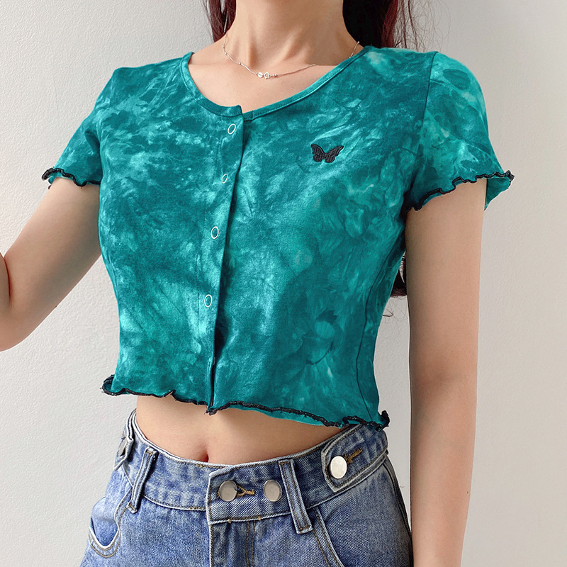 Butterflies Embroidery T-Shirt Y2K Crop Tops Women Summer Slim Tie-Dye Ruffles Short Sleeve T-shirt Snap Button Up Cardigan Top 210524, Green
Butterflies Embroidery T-Shirt Y2K Crop Tops Women Summer Slim Tie-Dye Ruffles Short Sleeve T-shirt Snap Button Up Cardigan Top 210524, Green