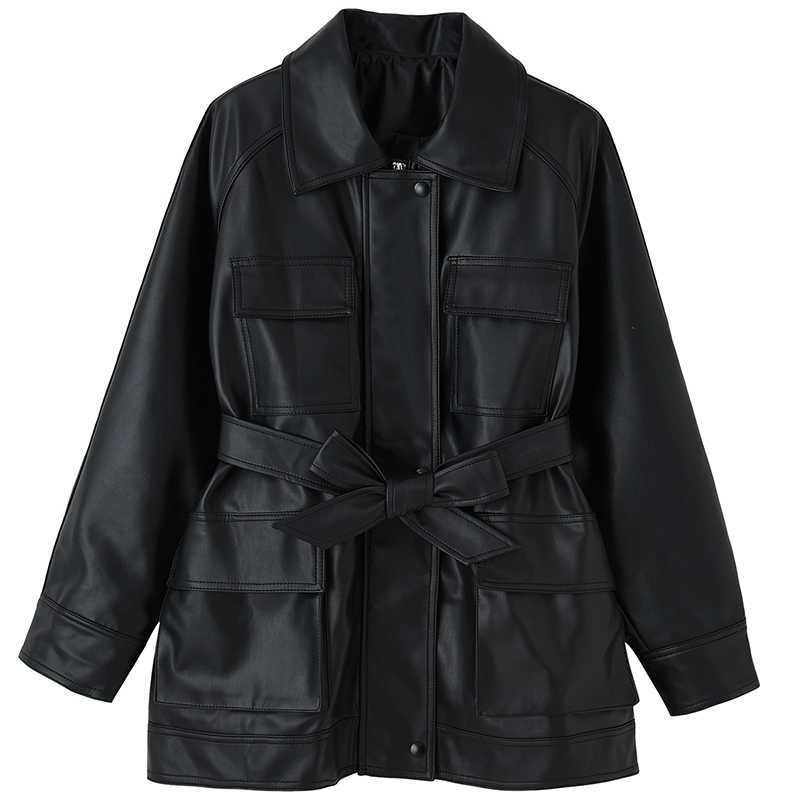 LY VAREY LIN Spring Women Faux Leather Jackets Elegant Tie Belt Waist Pockets Buttons Coats Motor Biker 210526