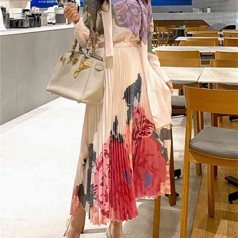 High Quality Autumn Fashion Bow Collar flowers printing Long sleeve Blouse Top+ Midi Pleated Skirt Flower 2PCS Clothing Set 210519
