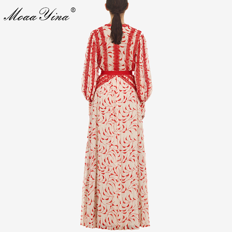 Spring Autumn Women Lantern Sleeve V-neck Lace Maxi Elegant Dresses Vestidos 210524