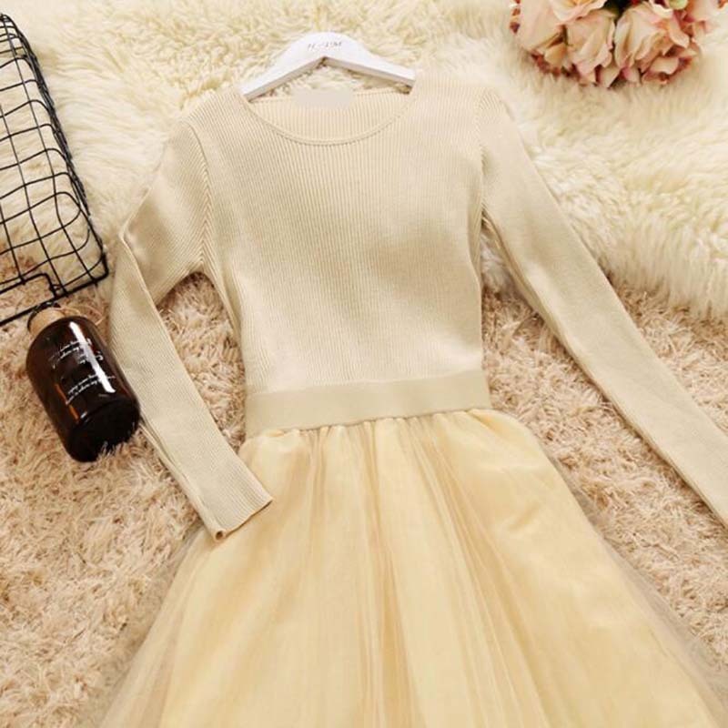 Women Knit Dress Autumn Winter O-Neck Long Sleeve Knitted Patchwork Mesh Dresses Female Elegant Fluffy Dress Vestidos 210521
