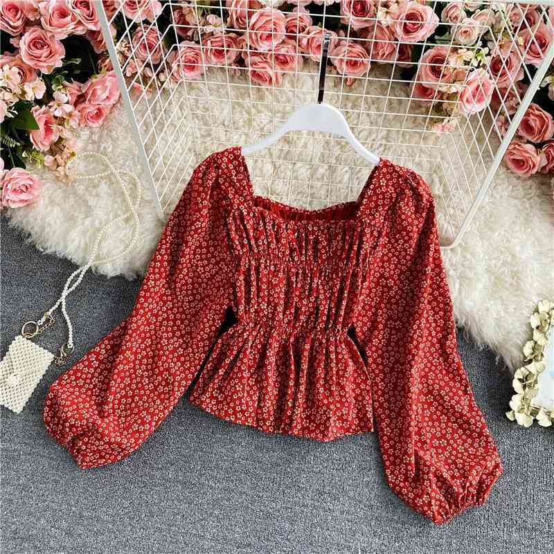 Elegant Floral Print Chiffon Blouse Women Vintage Cute Lantern Sleeve Pleated Shirt Casual All Match Cropped Blusas 210519