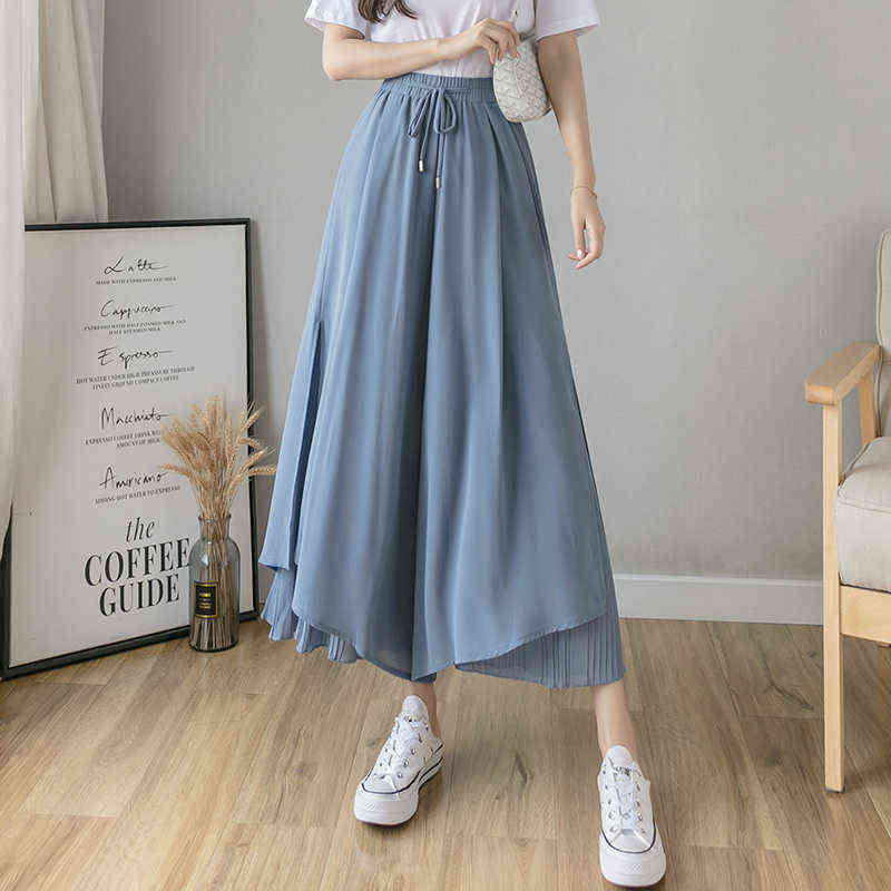 Women Korean Fashion Casual Drape Elegant Loose Trousers Clothes Chiffon High Waist Wide Leg Pants Comodi Pantalones De Mujer 211115