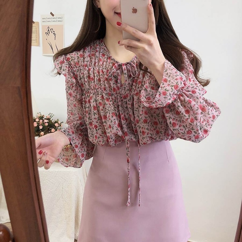 Women Floral Print Chiffon Shirts Casual Blouses Cardigan Ladies Tops Autumn Korean Puff Long Sleeve Blouse Bow Blusas10408 210506