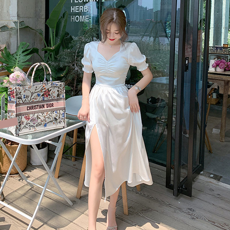 Summer Silk Satin White Ruffle Women Sexy Puff Sleeve Split Dress Korean Elegant Chiffon Fairy Dresses 13348 210417