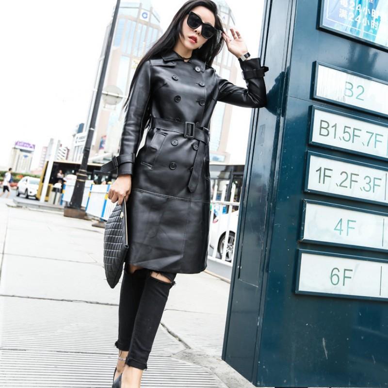 Sheepskin Office Ladies Long Jacket Belted Double Breasted Women Trench Coat Slim Fit Genuine Leather Windbreaker Outwear Women's & Faux