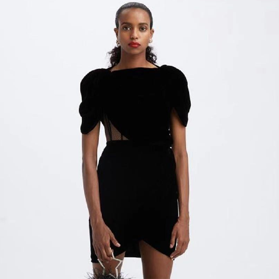 Free Runway Women's Velvet Dress Sexy O-neck Puff Sleeve Mesh Bodycon Hollow Draped Club Party Vestidos 210524