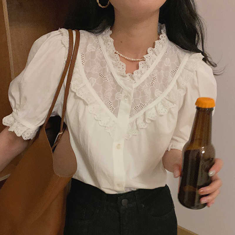 Korejpaa Women Shirt Summer Korean Chic Ladies Retro Style V-Neck Lace Stitching Single-Breasted Puff Seeve Blouses 210526