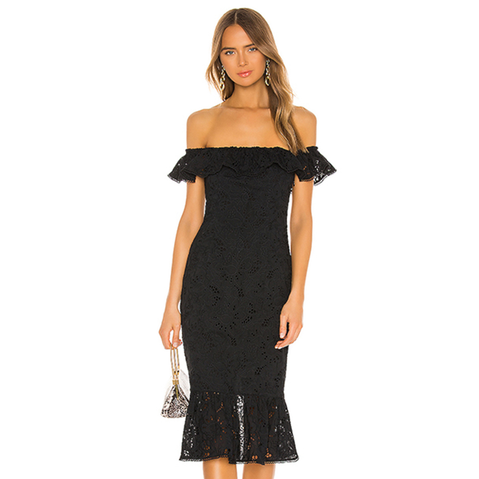 Summer Off Shoulder Ruffle Bandage Dress Sexy White Lace Midi Women's Club Celebrity Party Bodycon 210525