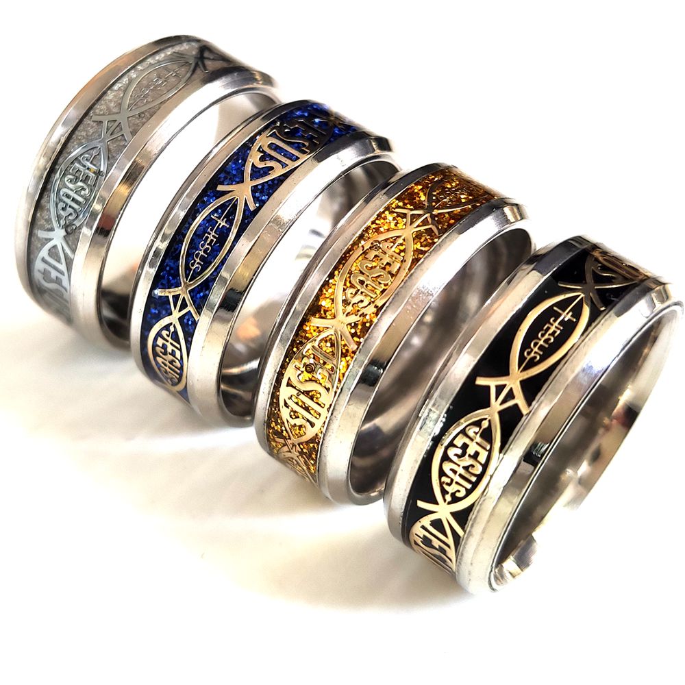 24pcs/lot High Quality Jesus Letter 316L Stainless Steel Ring Top Color Mix Religious Christian Fish Finger Rings Men Women Wedding Jewelry Male Bible