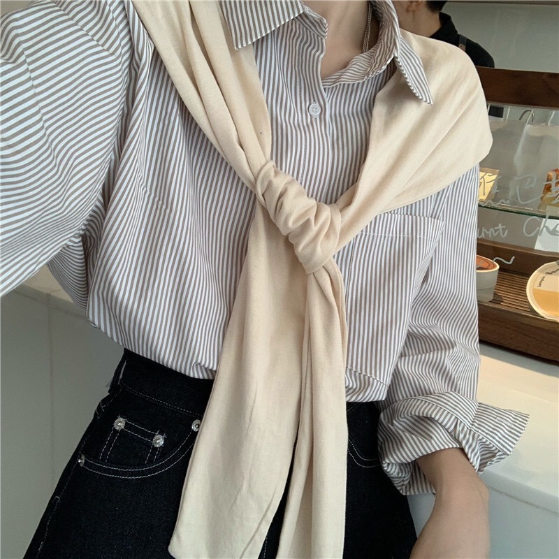 Korea Clothing CHIC False 2 piece Mid Long Striped Oversize Shirt Retro Woman Lapel sleeve Loose Blouse Casual Tops Blousas 210429