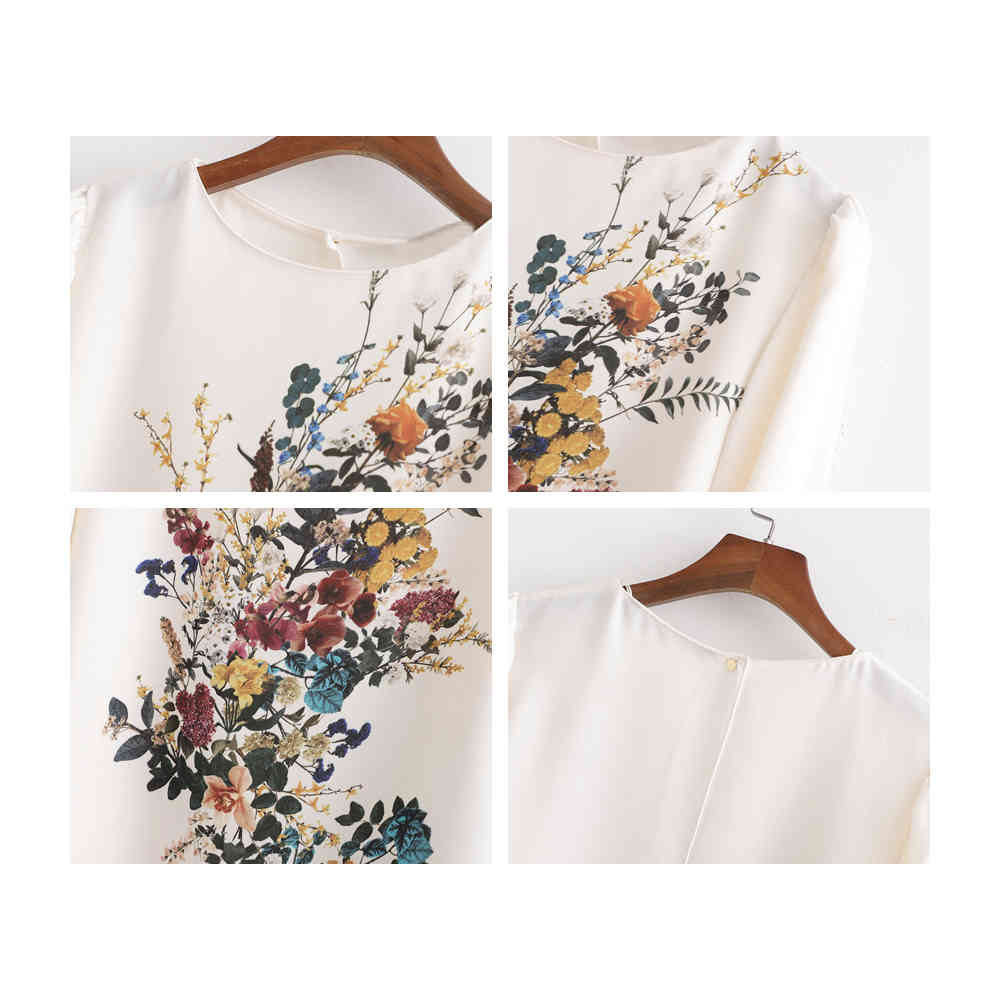 Women Flora Printed Lantern Sleeve Loose Blouse Elegant Chic Shirt Casual Boho O Neck Cuff Knotted Tee Tops 210428
