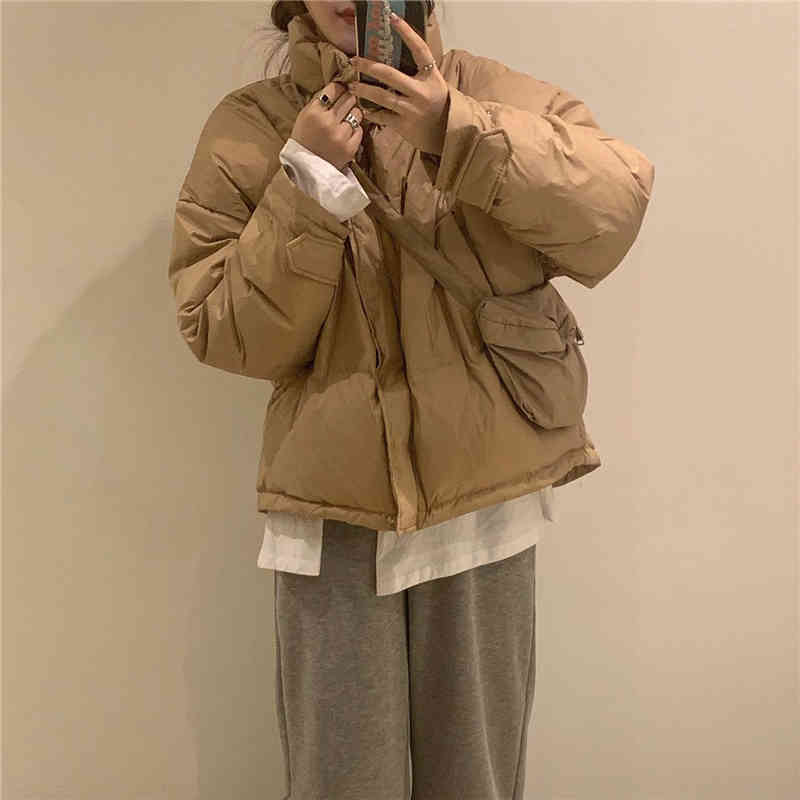 OL Autumn Winter Jacket Women Bread Clothes Casual Elegant Warm Coat Solid Loose Outwear Parkas Female with Bag 210421