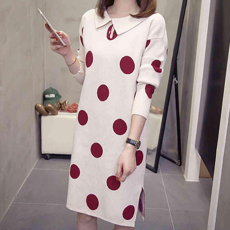 Autumn Winter Korean 4XL Plus Size Women Polka Dot Dress Ladies Slit Knitted Dresses D07706R 210416