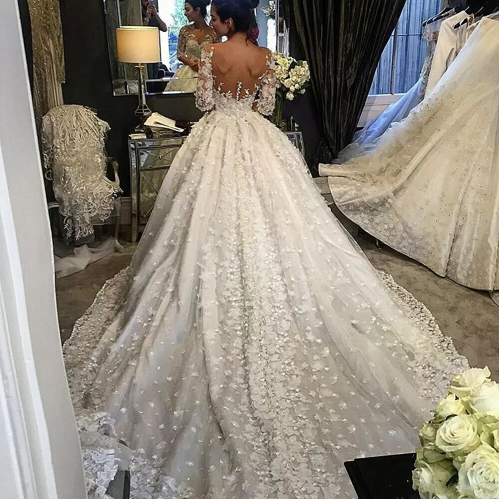 Half Sleeves Ball Gown Wedding Dresses Bridal D Floral Applique Handmade Flowers Beads Scoop Neck Cathedral Train Custom Made Arabic Plus Size Vestido