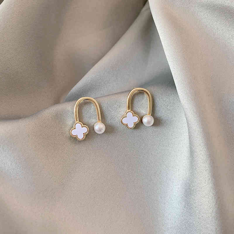 Charms Ear Stud Clip Rings S925 Silver Needle Girl Flower Pearl U-shaped 2021 Cute Net Red Trend Sweet