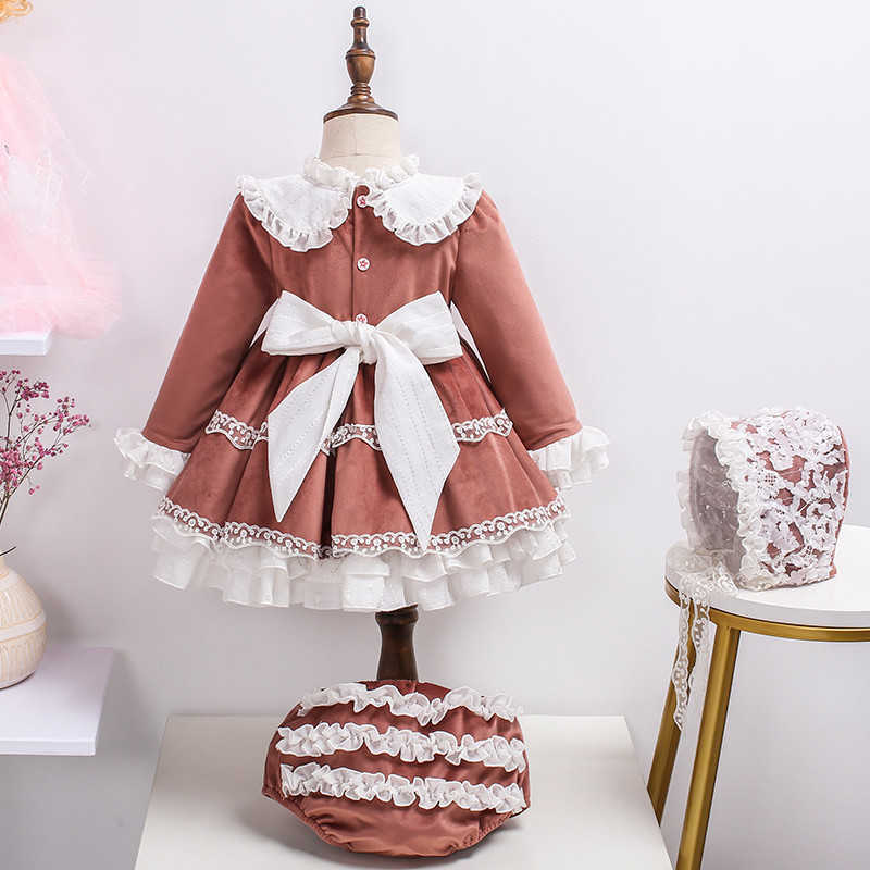 3Pcs Baby Girl Vintage Spanish Dress Children Lolita Princess Dresses for Girls Spain Lace Bow Ball Gown Birthday Party Clothes 210615