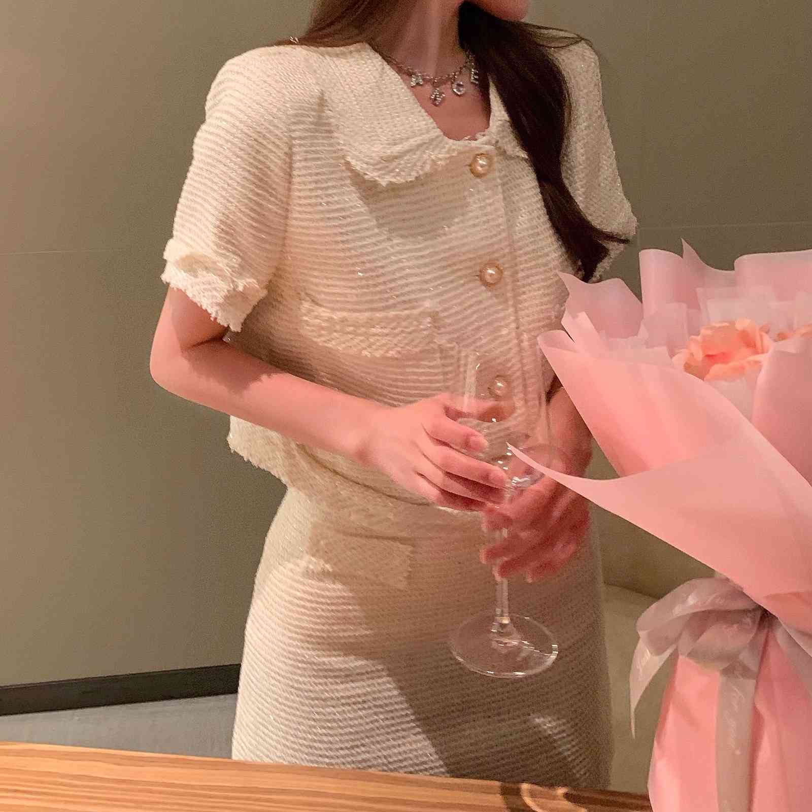 Korea Two Piece Set Women Elegant Fashion Tweed Peter Pan Collar Short Sleeve Crop Top + Bodycon Tassel Mini Skirt Suit 210519