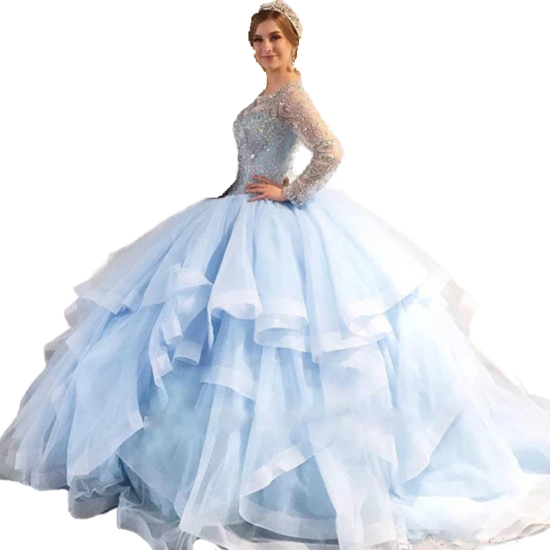 Shiny Light Sky Blue Long Sleeve Quinceanera Dresses Sweet 15 Princess Ball Gown 2022 Lace Sequined Beads Tiered Prom Pageant Party Dress Open Back Ve