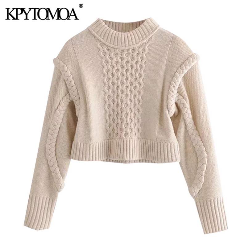 Women Fashion With Shoulder Pads Cropped Cable-knit Sweater O Neck Long Sleeve Female Pullovers Chic Tops 210420