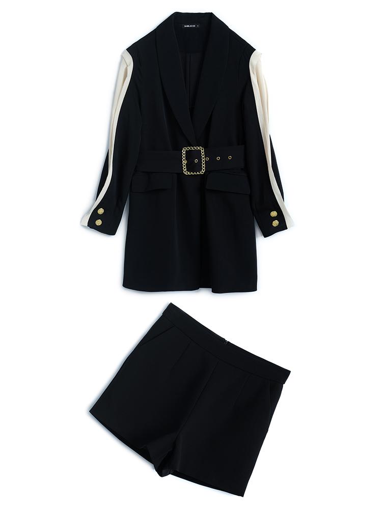 Fashion Contrast Stitching Waistband Waist Hugging Long Blazer + High-Waisted Shorts Suit, Female 2021 Early Autumn Women's Tracksuits
