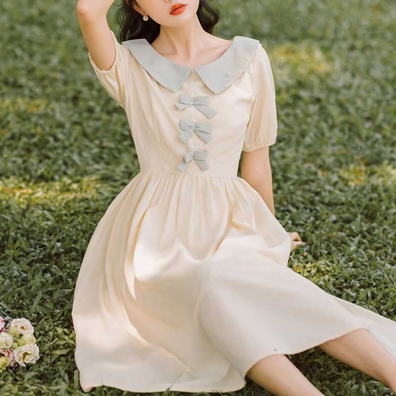 Summer Sweet Preppy Style Dresses for Women Bow Decoration Peter Pan Collar Elegant Fresh Silm Waist Vestidos 210525